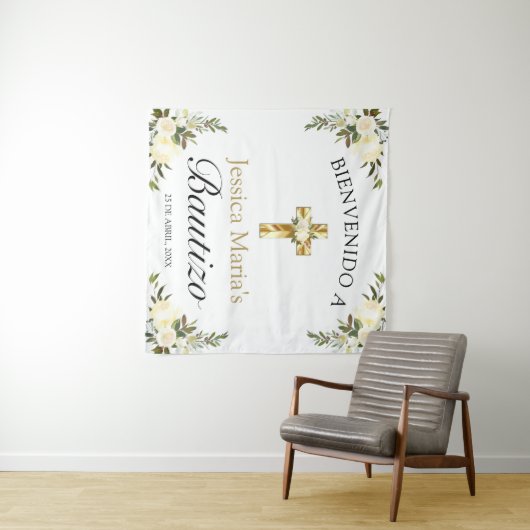 Spaanse baby doop bloemrijke gouden kruis welkom wandkleed (In Situ (horizontaal))