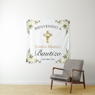 Spaanse baby doop bloemrijke gouden kruis welkom wandkleed