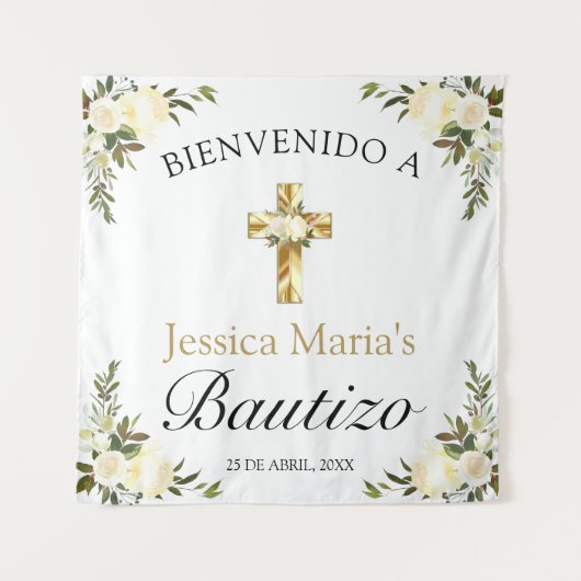 Spaanse baby doop bloemrijke gouden kruis welkom wandkleed (Voorkant)