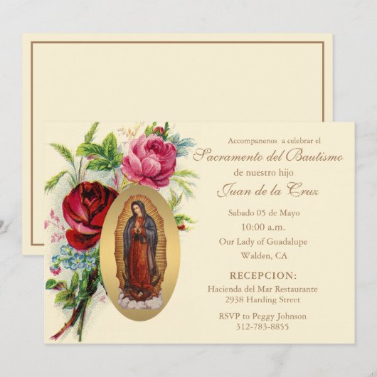 Spaanse  Baby Katholieke Floral Scripting Inv Kaart (Voorkant / Achterkant)
