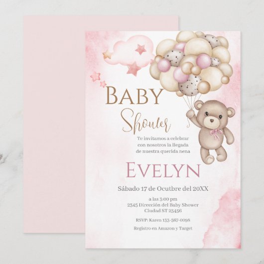 Spaanse baby shower uitnodiging roze beer meisje (Voorkant / Achterkant)