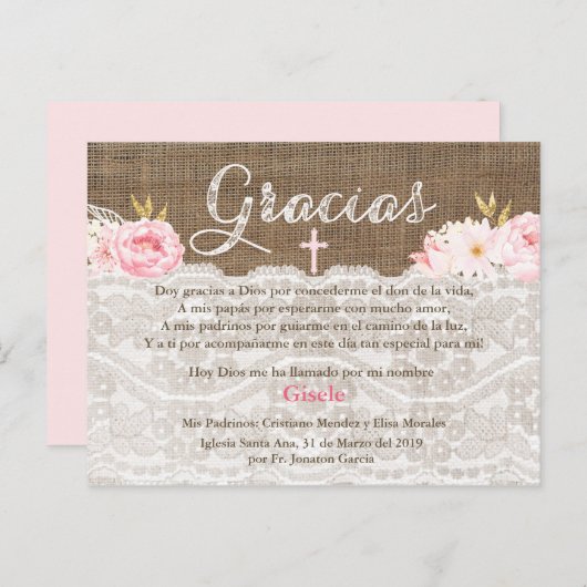 Spaanse bedankkaart voor de doop Bautizo Gracias Uitnodiging Briefkaart (Voorkant / Achterkant)