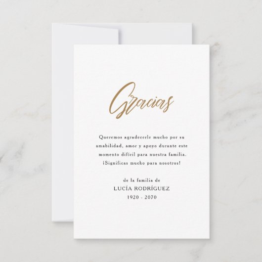 Spaanse begrafenis Gracias Memorial Gold Bedankkaart (Voorkant)