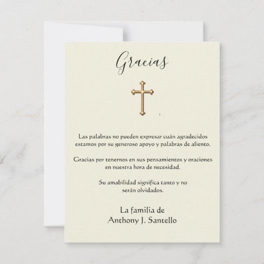 Spaanse begrafenis Guadalupe Religieuze Dank u Bedankkaart (Achterkant)