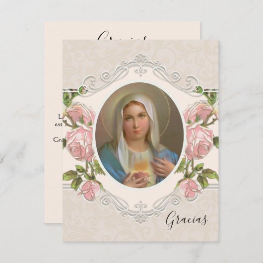 Spaanse begrafenisboviene Mary Religious Dank u Bedankkaart (Voorkant / Achterkant)