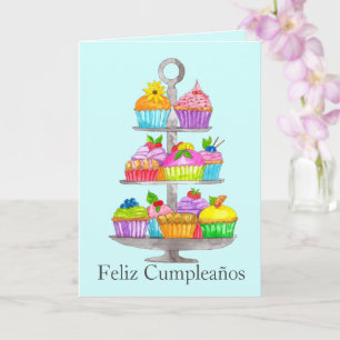 Spaanse Birthday Waterverf cupcakes Kaart