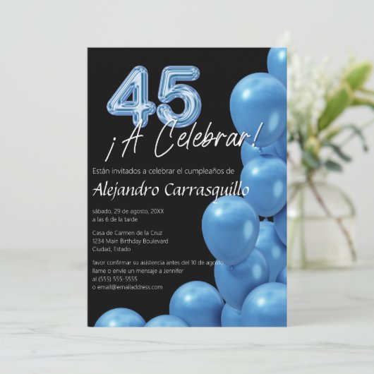Spaanse blauwe ballonnen op 45ste verjaardag kaart (Staand voorkant)