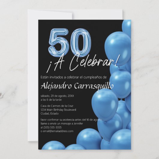 Spaanse Blauwe Ballonnen Zwart Fun 50ste Verjaarda Kaart (Voorkant)