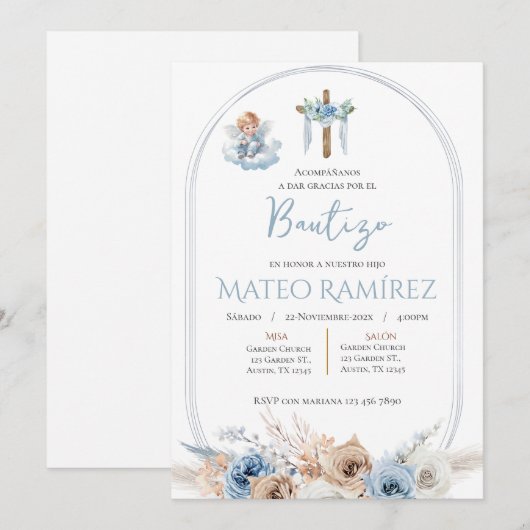 Spaanse Blauwe Bloemen Doop Kaart (Voorkant / Achterkant)