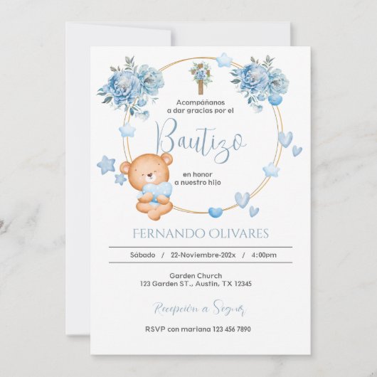 Spaanse Blauwe Bloemen Doop uitnodiging (Voorkant)