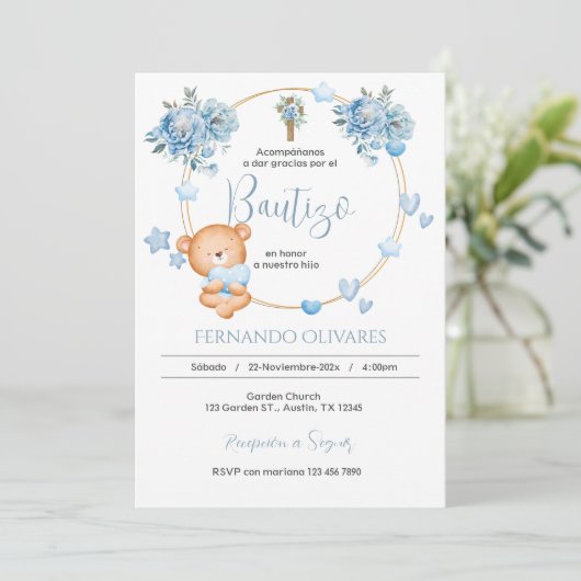 Spaanse Blauwe Bloemen Doop uitnodiging (Staand voorkant)