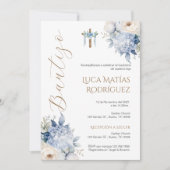 Spaanse Blauwe Bloemen Jongen Doop Uitnodiging (Voorkant)