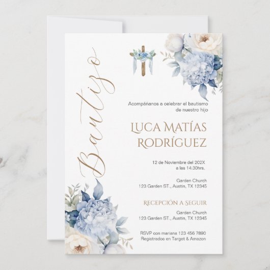 Spaanse Blauwe Bloemen Jongen Doop Uitnodiging (Voorkant)