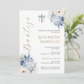 Spaanse Blauwe Bloemen Jongen Doop Uitnodiging (Staand voorkant)