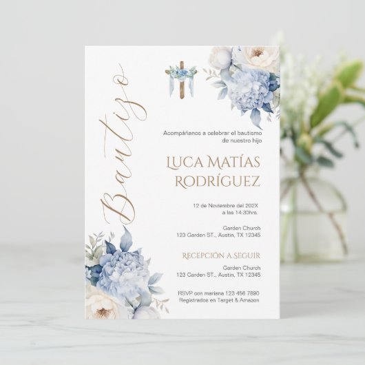 Spaanse Blauwe Bloemen Jongen Doop Uitnodiging (Staand voorkant)
