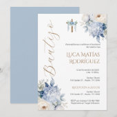Spaanse Blauwe Bloemen Jongen Doop Uitnodiging (Voorkant / Achterkant)