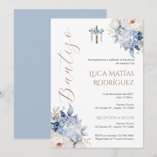 Spaanse Blauwe Bloemen Jongen Doop Uitnodiging (Voorkant / Achterkant)