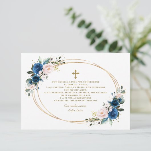 Spaanse blauwe Floral Gracias Con Oración Bautizo Bedankkaart (Staand voorkant)