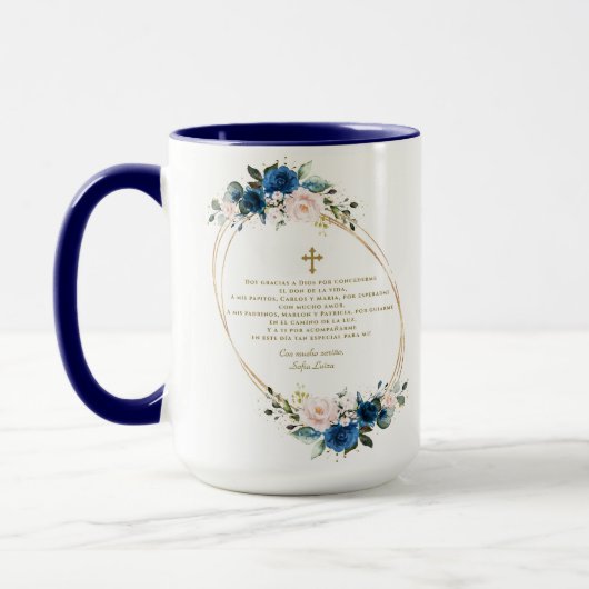 Spaanse blauwe Floral Gracias Con Oración Bautizo Mok (Links)