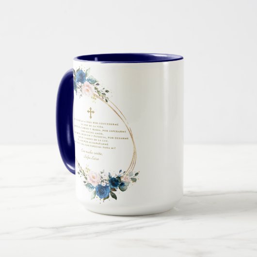 Spaanse blauwe Floral Gracias Con Oración Bautizo Mok (Voorkant links)