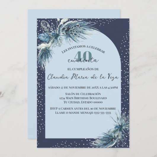 Spaanse Blauwe Winter Bloemen 40ste Verjaardagsfee Kaart (Voorkant / Achterkant)