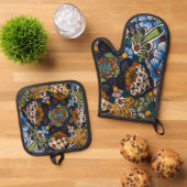 Spaanse bloemenprint ovenwant & pannenlap set (Top down)