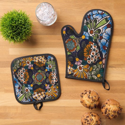 Spaanse bloemenprint ovenwant & pannenlap set (Top down)