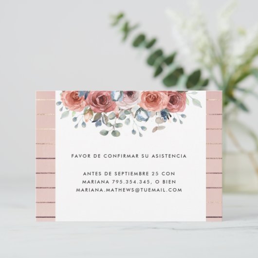 Spaanse, Blush en Dusty Blue Floral RSVP-kaart RSVP Kaartje (Staand voorkant)