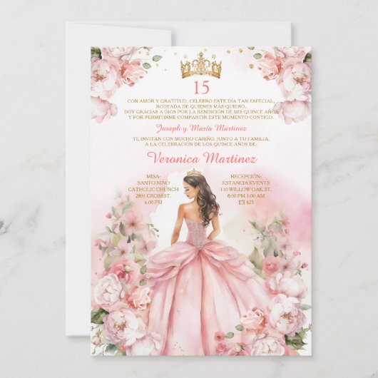Spaanse Blush Pink Princess Gold 15 Años Verjaarda Kaart (Voorkant)