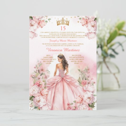 Spaanse Blush Pink Princess Gold 15 Años Verjaarda Kaart (Staand voorkant)