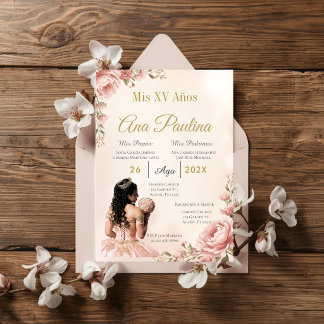 Spaanse Blush Roze Bloem Quinceanera Kaart