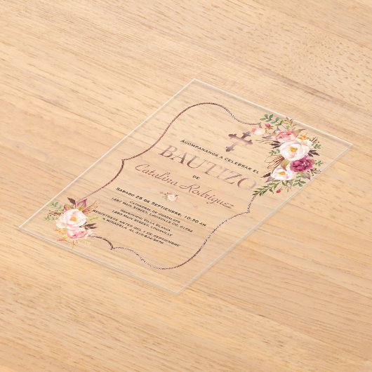 Spaanse Blush Roze Met Bloemen Rose Goud Doopfeest Acryl Uitnodigingen (Laagn)