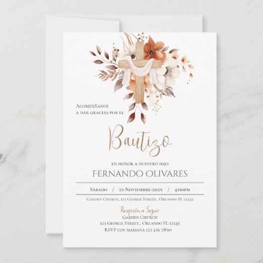 Spaanse Boho Bloemen Doop uitnodiging (Voorkant)