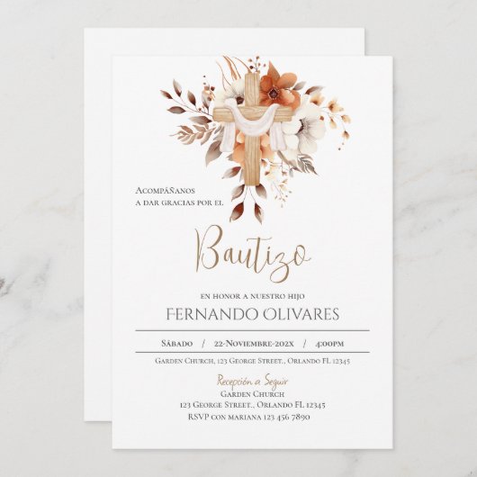 Spaanse Boho Bloemen Doop uitnodiging (Voorkant / Achterkant)