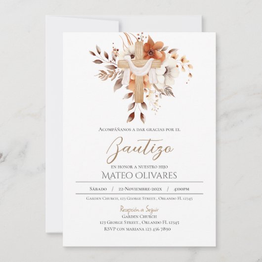 Spaanse Boho Bloemen Doop uitnodiging (Voorkant)