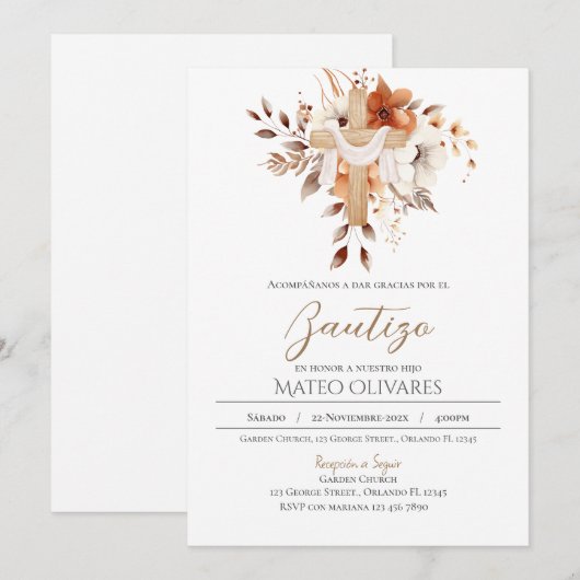 Spaanse Boho Bloemen Doop uitnodiging (Voorkant / Achterkant)