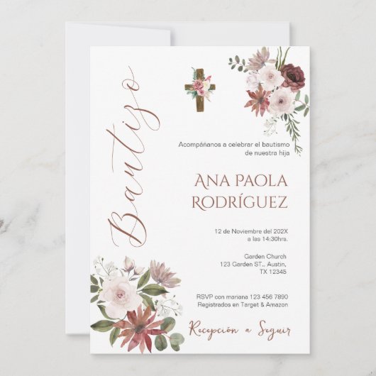 Spaanse Boho Bloemen Meisje Doop Uitnodiging (Voorkant)