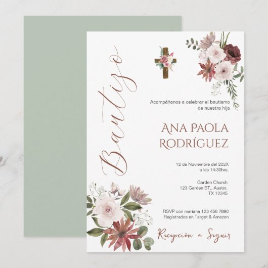 Spaanse Boho Bloemen Meisje Doop Uitnodiging (Voorkant / Achterkant)