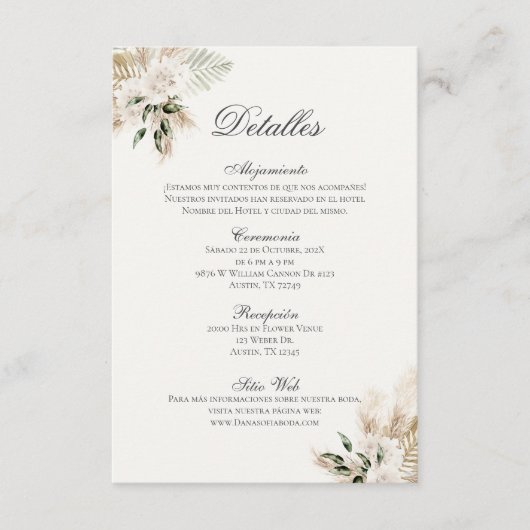 Spaanse Boho bruiloft details de la Boda Informatiekaartje (Voorkant)