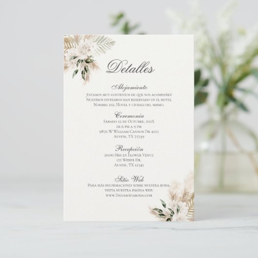 Spaanse Boho bruiloft details de la Boda Informatiekaartje (Staand voorkant)