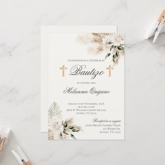 Spaanse Boho Doop Bloemenuitnodiging Kaart (Voorkant / Achterkant in situ)