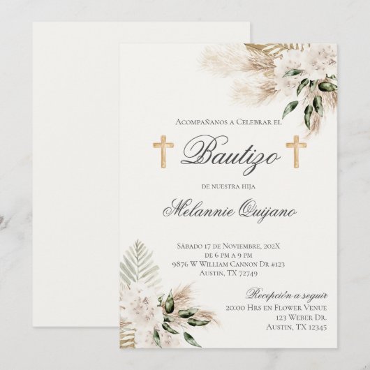 Spaanse Boho Doop Bloemenuitnodiging Kaart (Voorkant / Achterkant)