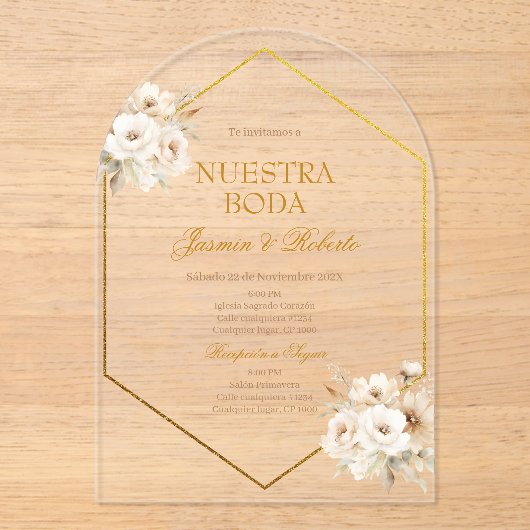 Spaanse Boho Floral Wedding Acryl Uitnodigingen (Voorkant)