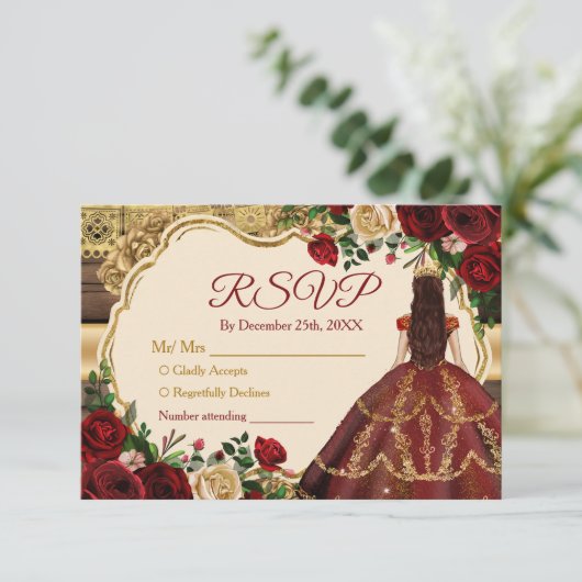 Spaanse Bourgogne Bloemen Rustiek 15 Años RSVP Bedankkaart (Staand voorkant)