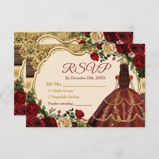 Spaanse Bourgogne Bloemen Rustiek 15 Años RSVP Bedankkaart (Voorkant / Achterkant)