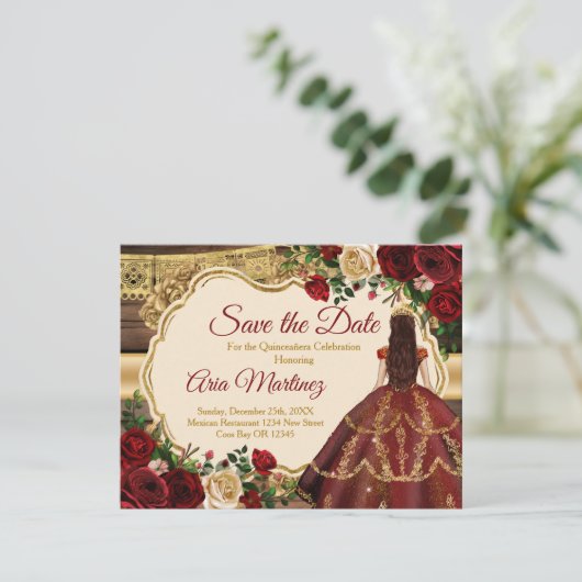 Spaanse Bourgogne Bloemen Rustiek 15e Save the Dat Bedankkaart (Staand voorkant)