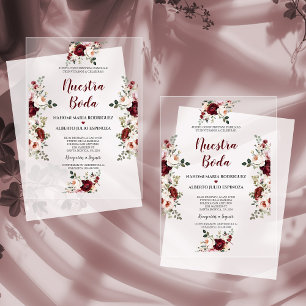 Spaanse Bourgondië Roze Bloemen Nuestra Boda Acryl Uitnodigingen