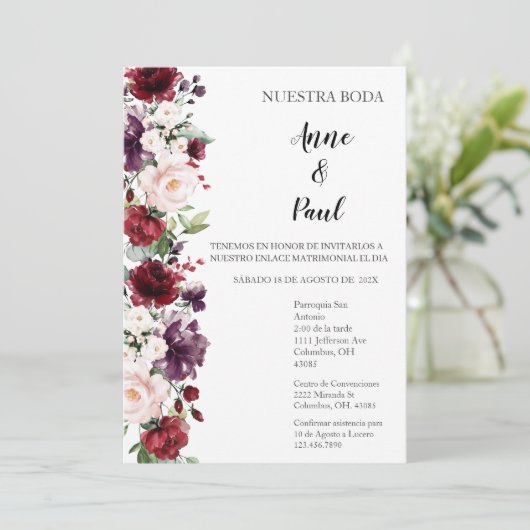 Spaanse Bourgondische bruiloft uitnodiging (Staand voorkant)