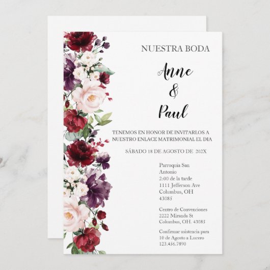 Spaanse Bourgondische bruiloft uitnodiging (Voorkant / Achterkant)