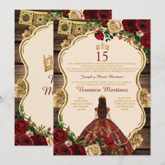 Spaanse Bourgondische prinses Floral Wood 15 Años Kaart (Voorkant / Achterkant)